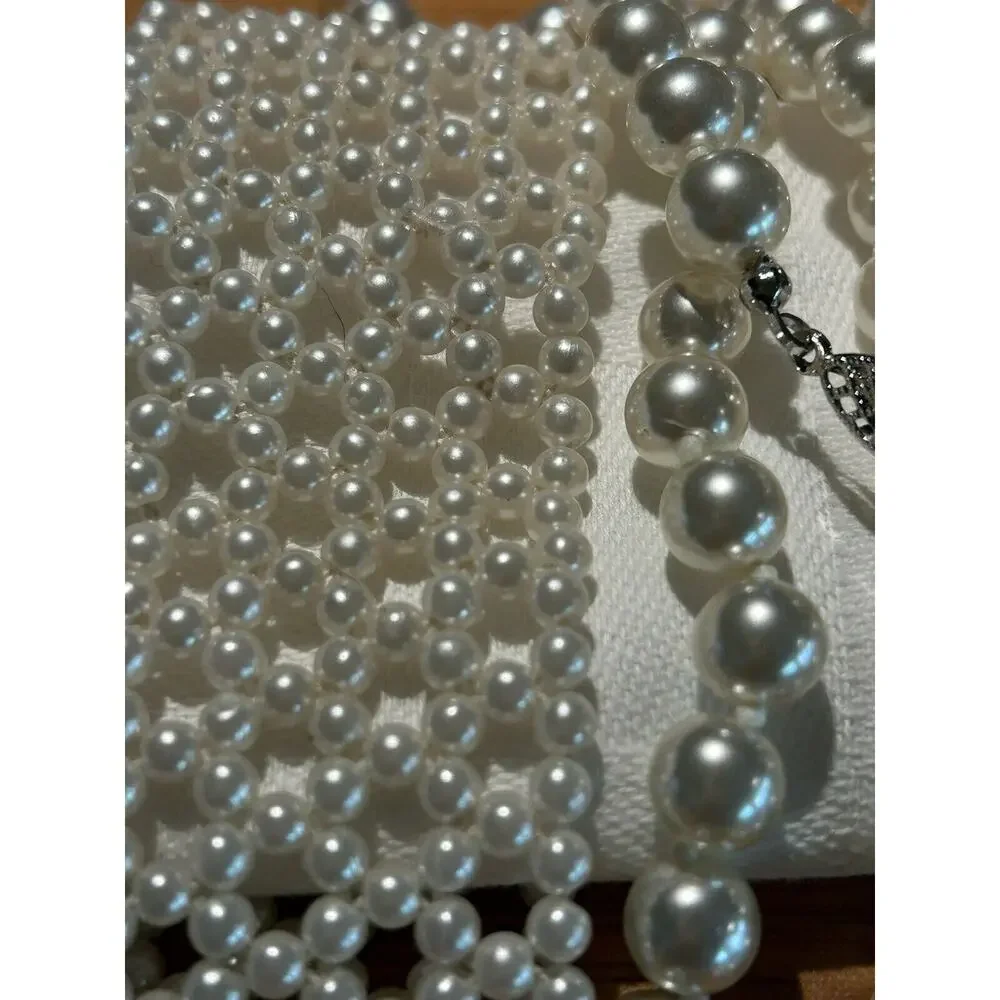 Vntg Lot‎ Faux 2 Pearl Lattice Stretch Bracelets Wide + Strand Knotted Necklace